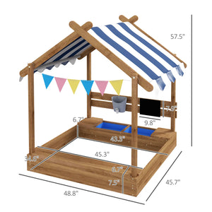 wooden sandbox with canopy and benches