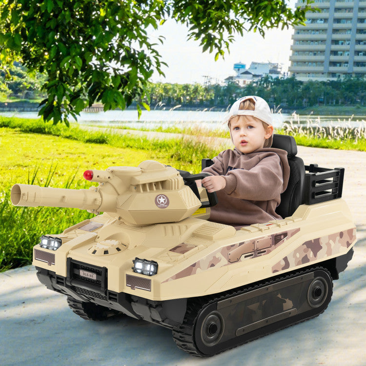 12V Electric Kids Ride-On Tank with Rotatable Turret & 8 Missiles for Ages 3-8