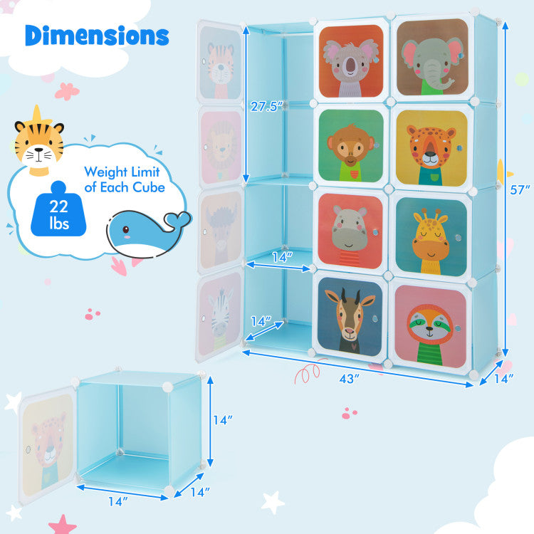 12-Cube Kids Wardrobe Closet with Hanging Rod & Doors – Storage Shelve Organizer