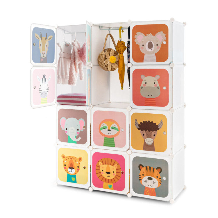 12-Cube Kids Wardrobe Closet with Hanging Rod & Doors – Storage Shelve Organizer