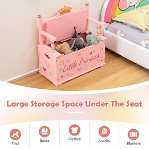 2-in-1 Kids Princess Toy Box with Safe Hinged Lid – Wooden Storage Chest for Toys