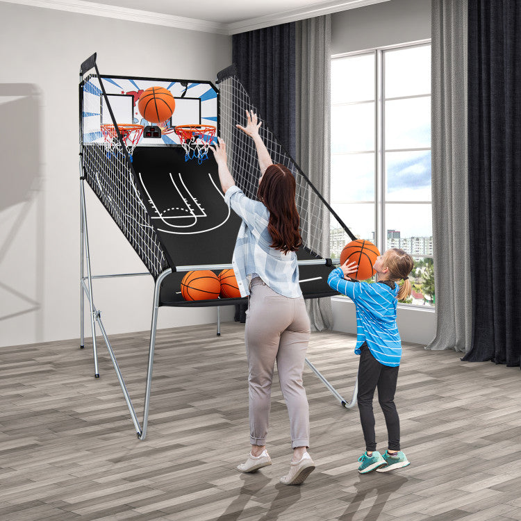 Two-player indoor electronic basketball arcade game with digital scoreboard