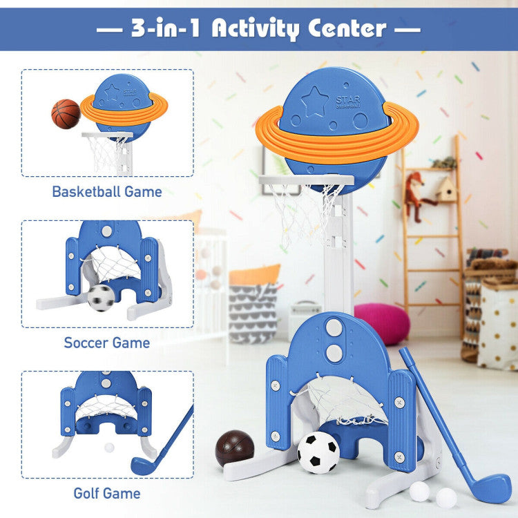 3-in-1 Adjustable Kids Basketball, Soccer & Golf Set with Balls for Indoor and Outdoor Play