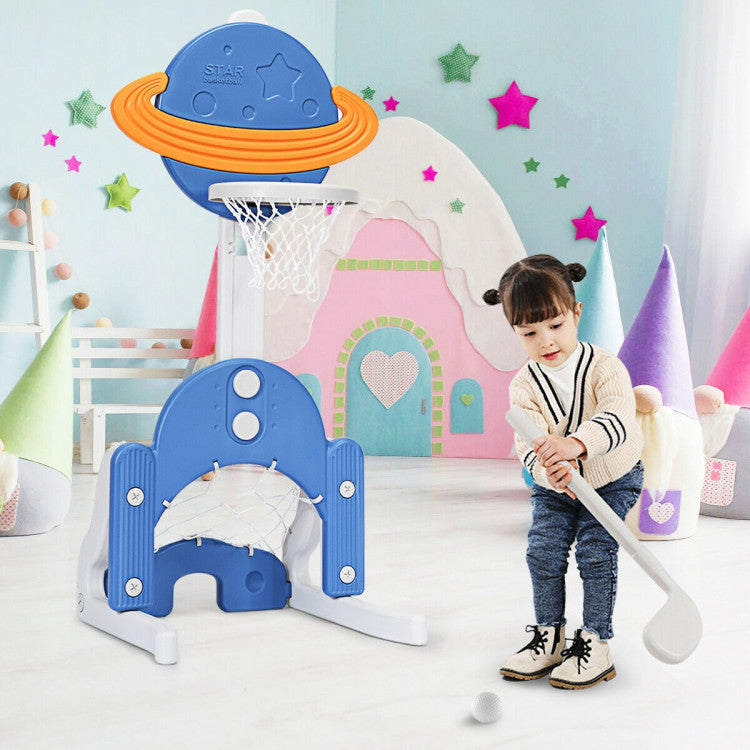 3-in-1 Adjustable Kids Basketball, Soccer & Golf Set with Balls for Indoor and Outdoor Play
