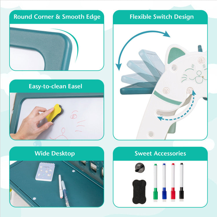 3-in-1 Double-Sided Magnetic Dry Erase Board with Stool and Reversible Writing Desk