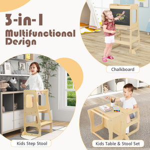 3-in-1 Foldable Toddler Kitchen Standing Tower with Chalkboard and Safety Features