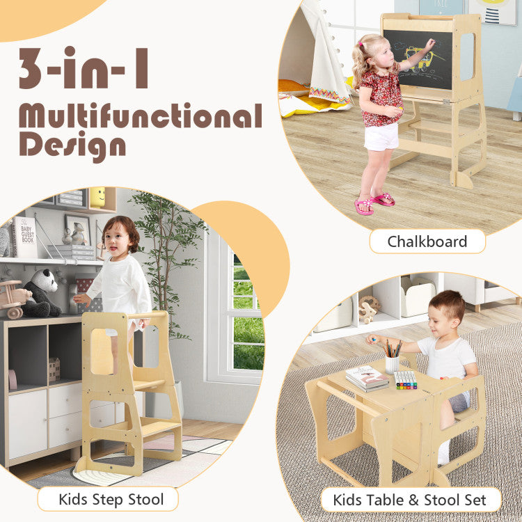 3-in-1 Foldable Toddler Kitchen Standing Tower with Chalkboard and Safety Features