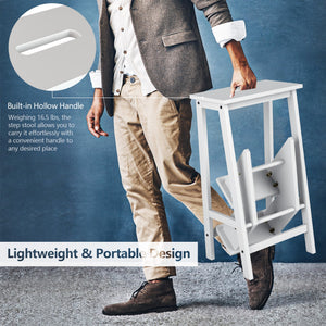 3-in-1 Folding Rubber Wood Step Stool Ladder with 3-Tier Storage Shelf