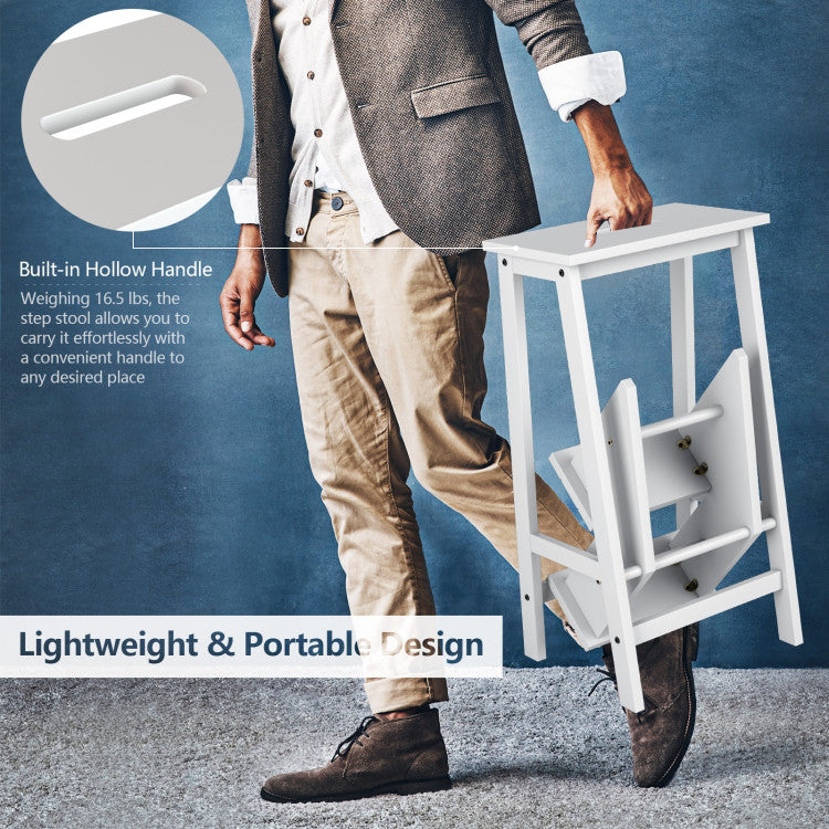 3-in-1 Folding Rubber Wood Step Stool Ladder with 3-Tier Storage Shelf