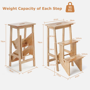 3-in-1 Folding Rubber Wood Step Stool Ladder with 3-Tier Storage Shelf