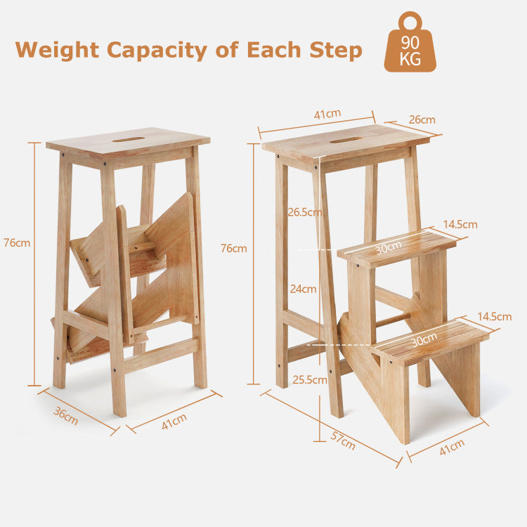 3-in-1 Folding Rubber Wood Step Stool Ladder with 3-Tier Storage Shelf