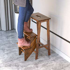 3-in-1 Folding Rubber Wood Step Stool Ladder with 3-Tier Storage Shelf