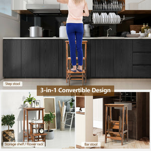 3-in-1 Folding Rubber Wood Step Stool Ladder with 3-Tier Storage Shelf