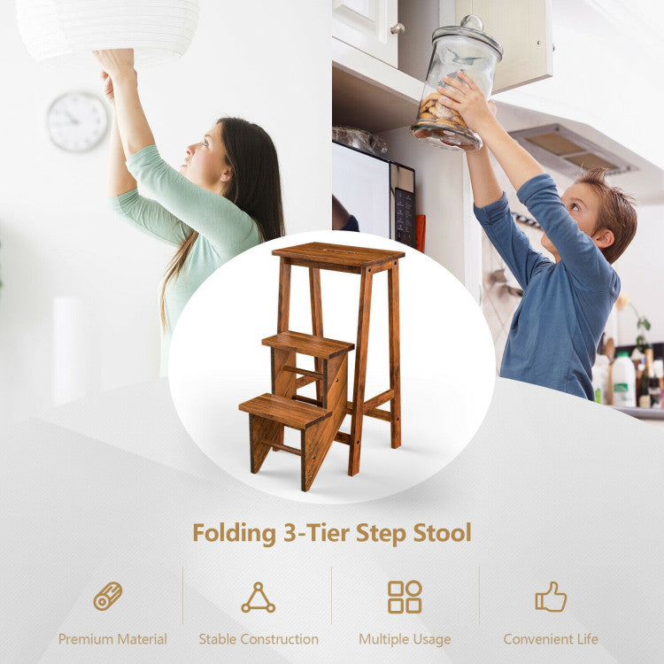3-in-1 Folding Rubber Wood Step Stool Ladder with 3-Tier Storage Shelf