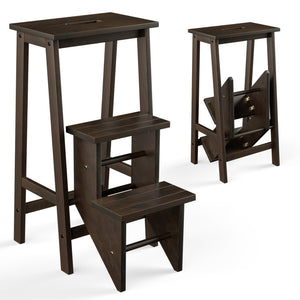 3-in-1 Folding Rubber Wood Step Stool Ladder with 3-Tier Storage Shelf