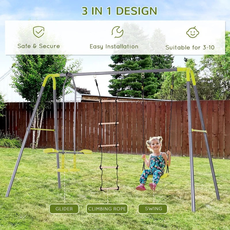 3-in-1 Kids Metal Swing Set with Swing, Glider and Climbing Ladder for Backyard Fun