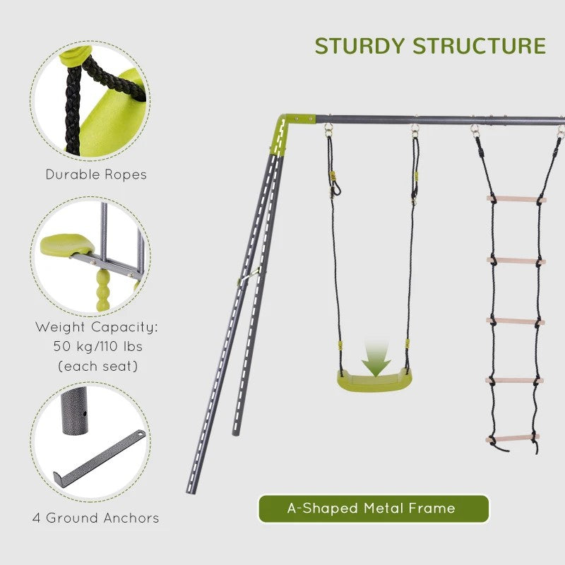 3-in-1 Kids Metal Swing Set with Swing, Glider and Climbing Ladder for Backyard Fun