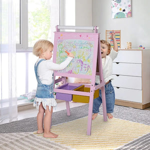 3-in-1 Kids Wooden Art Easel with Paper Roll, Chalkboard & Whiteboard, Storage Baskets, Pink