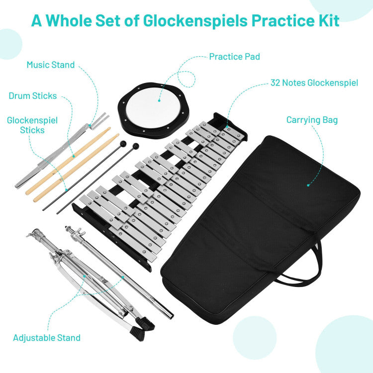 32-Note Glockenspiel Xylophone with Adjustable Stand - Percussion Bell Kit