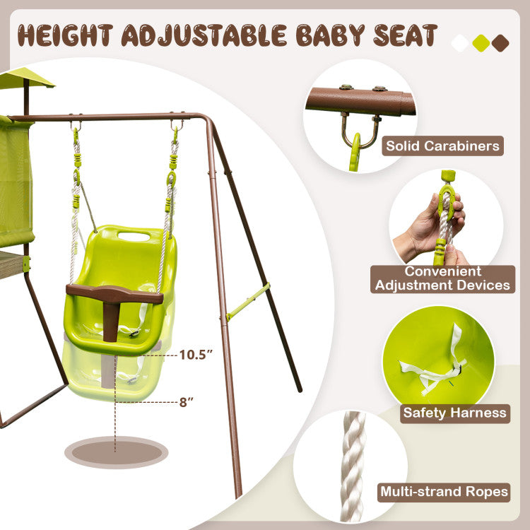4-in-1 Swing Set with Covered Playhouse Fort and Adjustable Baby Seat for Outdoor Fun