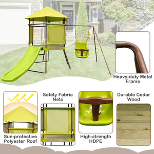 4-in-1 Swing Set with Covered Playhouse Fort and Adjustable Baby Seat for Outdoor Fun