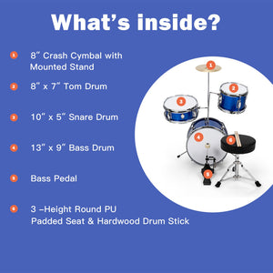 5-Piece Junior Drum Set for Kids - Complete Beginner Drum Kit with 5 Drums