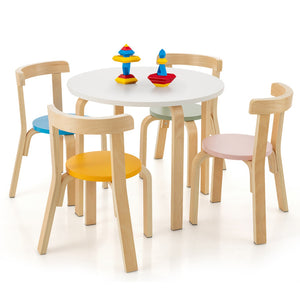 5-Piece Kids Wooden Activity Table and Chair Set with Curved Back and Toy Bricks