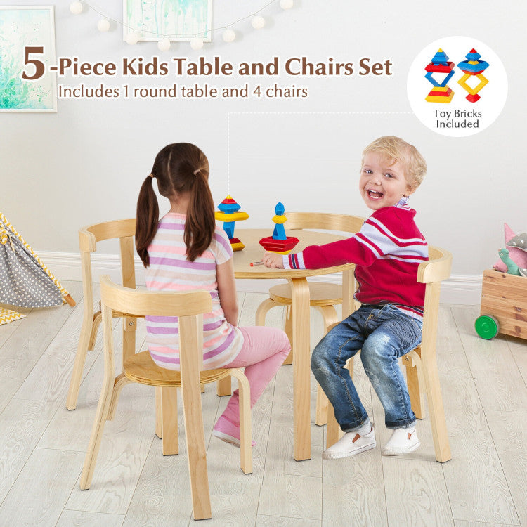 5-Piece Kids Wooden Activity Table and Chair Set with Curved Back and Toy Bricks