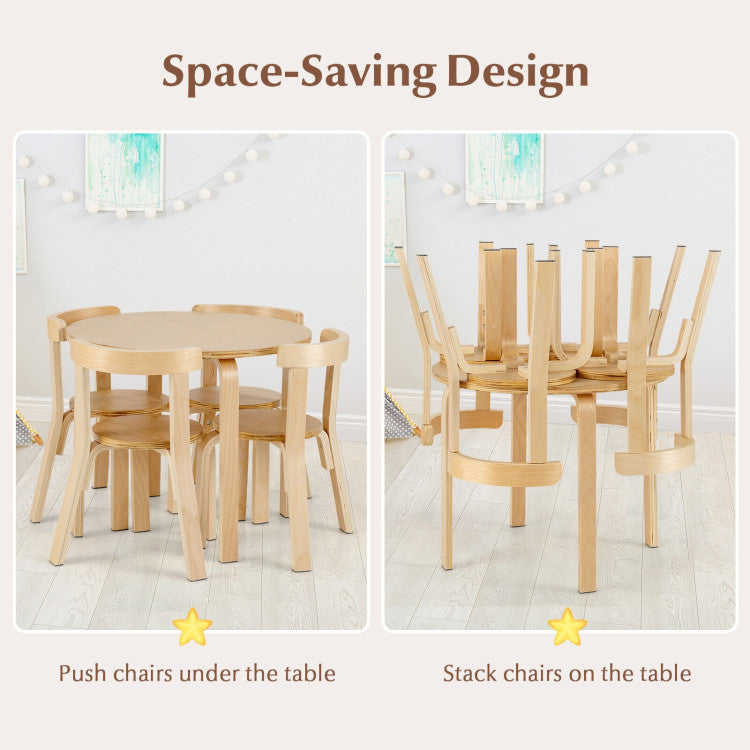 5-Piece Kids Wooden Activity Table and Chair Set with Curved Back and Toy Bricks