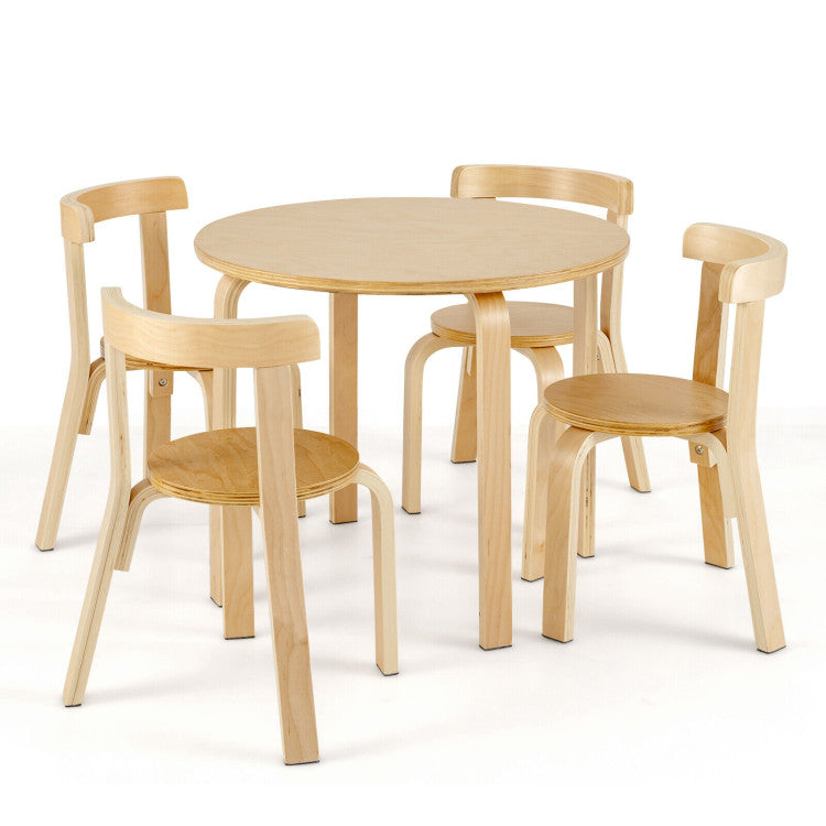 5-Piece Kids Wooden Table & Chair Set with Curved Back and Toy Bricks - Activity Fun