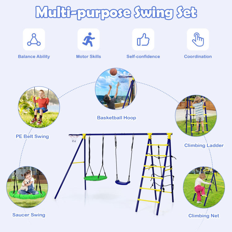 5-in-1 Outdoor Kids Swing Set with Sturdy Metal Frame and Secure Ground Stakes
