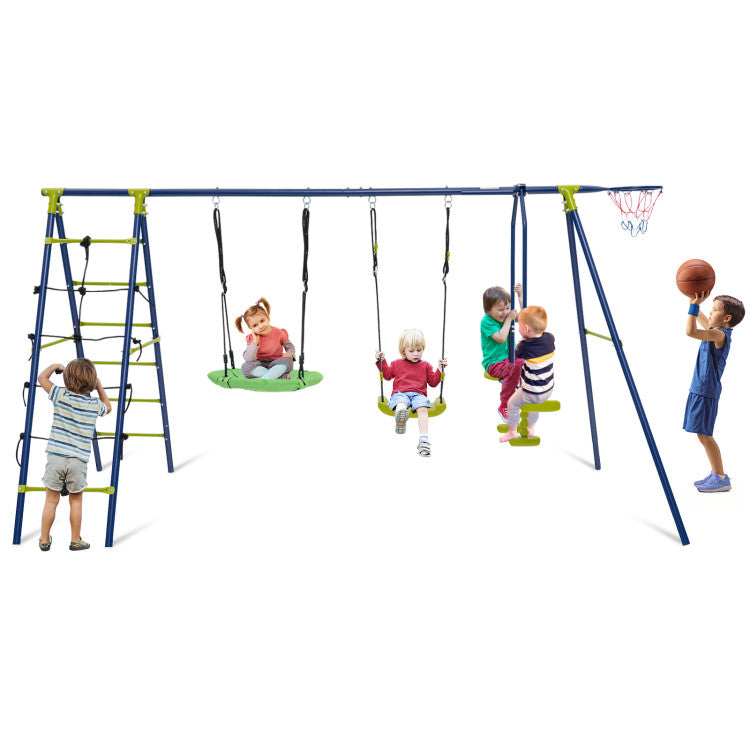 550 lbs 6-in-1 Kids Patio Swing Set with Climbing Net, Ladder, and Slide