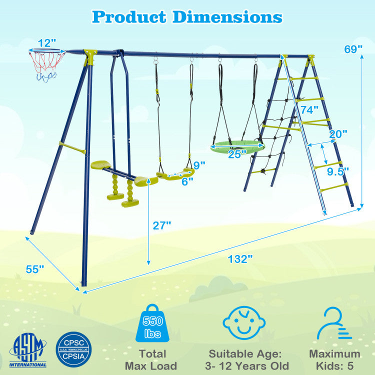 550 lbs 6-in-1 Kids Patio Swing Set with Climbing Net, Ladder, and Slide