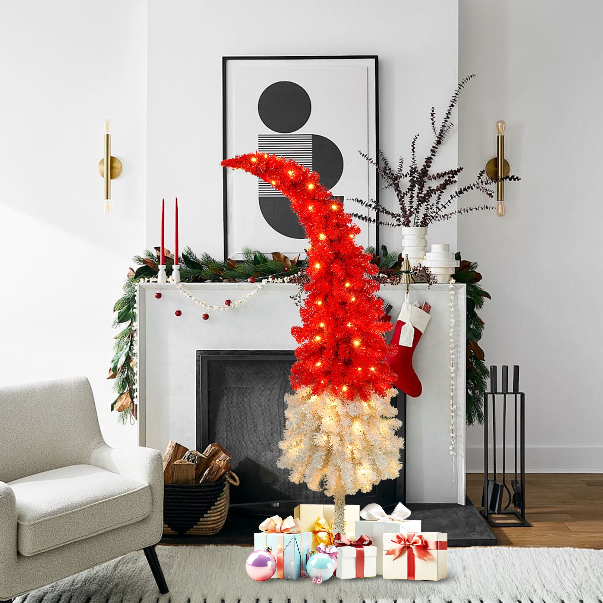 5FT Hinged Fir Artificial Christmas Tree, Bendable Santa Hat Style Xmas Decoration, 400 Branch Tips, 100 LED Lights