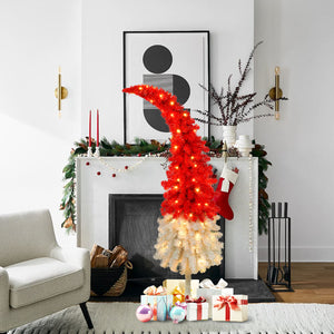 5FT Hinged Fir Artificial Christmas Tree, Bendable Santa Hat Style Xmas Decoration, 400 Branch Tips, 100 LED Lights