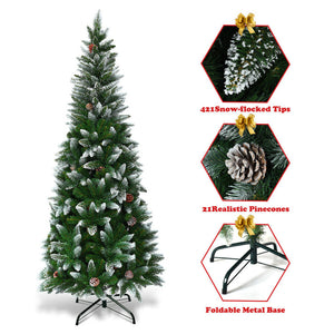 Decorative Christmas tree with snow-flocked tips, pinecones, and a foldable metal base on a white background.