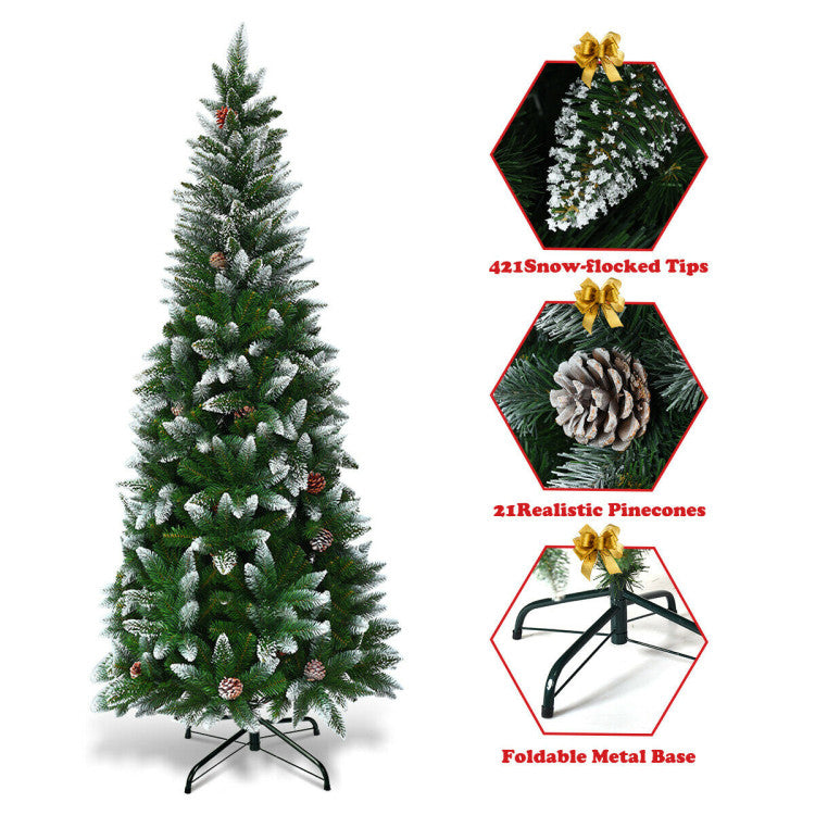Decorative Christmas tree with snow-flocked tips, pinecones, and a foldable metal base on a white background.