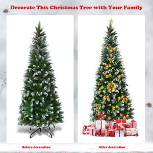 Before and after decoration of a Christmas tree with presents underneath.