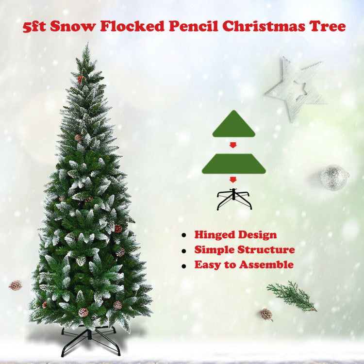 5ft Snow Flocked Pencil Christmas Tree with hinged design and assembly instructions on a decorative background.