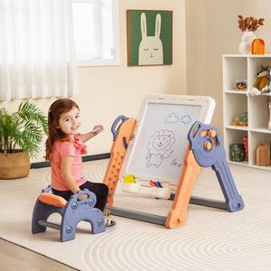6-In-1 Folding Kids' Art Easel with Reversible Building Block Tabletop & Storage