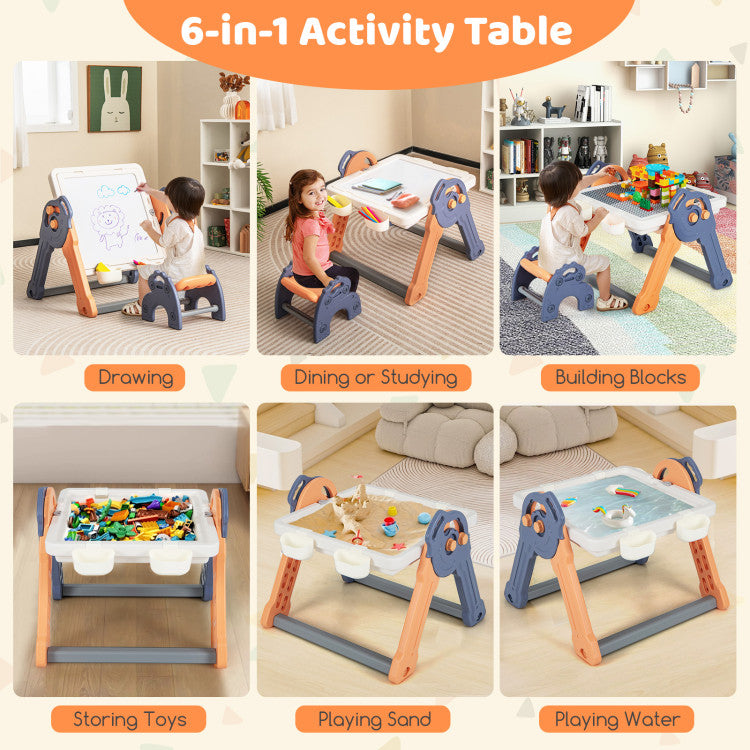 6-In-1 Folding Kids' Art Easel with Reversible Building Block Tabletop & Storage