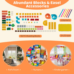 6-In-1 Folding Kids' Art Easel with Reversible Building Block Tabletop & Storage
