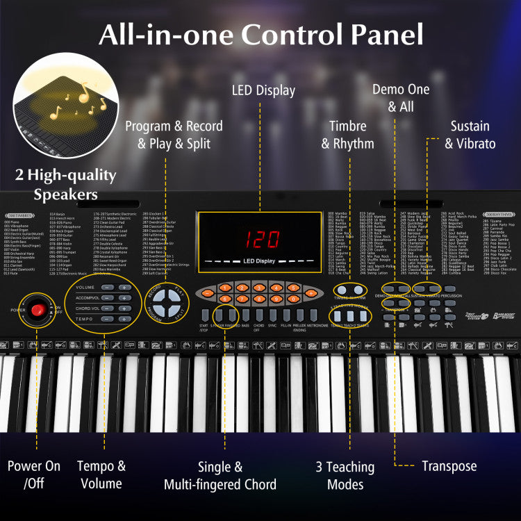 61-Key Electronic Keyboard Piano with LED Display, 3 Teaching Modes & Dual Keyboard Function