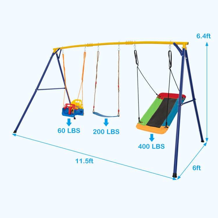 660 lbs Heavy Duty Carbon Steel Swing Frame with 3 Swings - Durable Playground Equipment