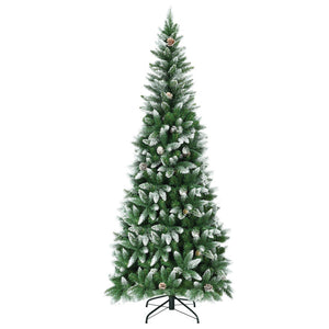 Festive Christmas tree with snow and pinecones on a white background