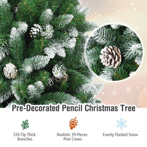 Pre-decorated pencil Christmas tree with pine cones and snow, close-up view.