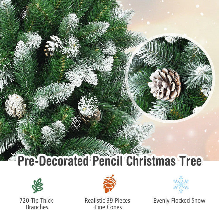 Pre-decorated pencil Christmas tree with pine cones and snow, close-up view.