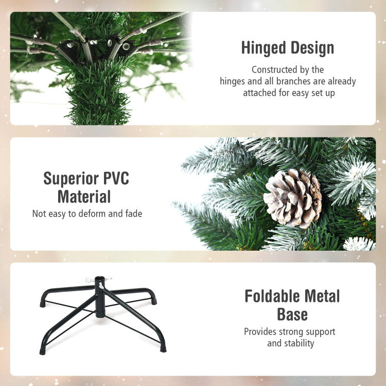 Product features of a Christmas tree with text on hinged design, PVC material, and foldable metal base.