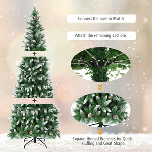 Instructions for assembling a Christmas tree with text overlay on a snowy background.