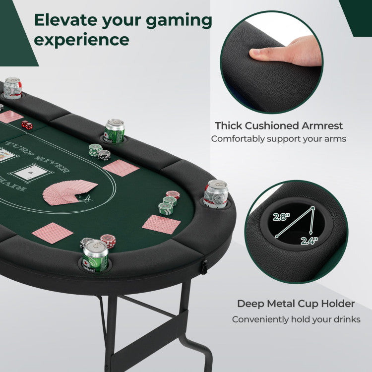 72-Inch Foldable Oval Poker Table for 8 Players - Portable Card Game Table